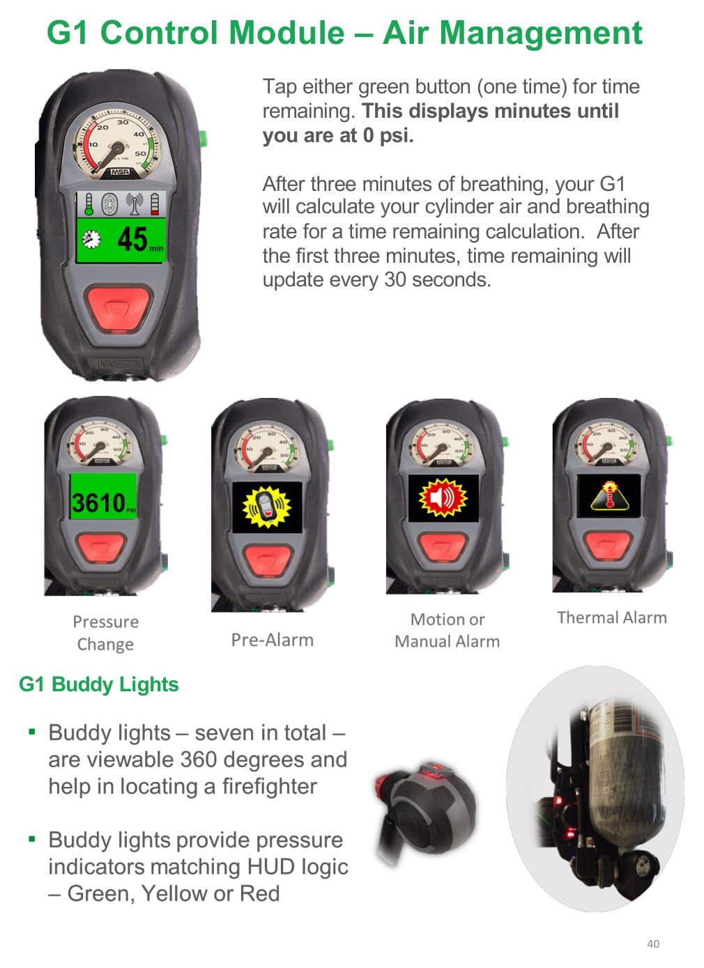 MSA G1 control module air management and buddy light reference.
