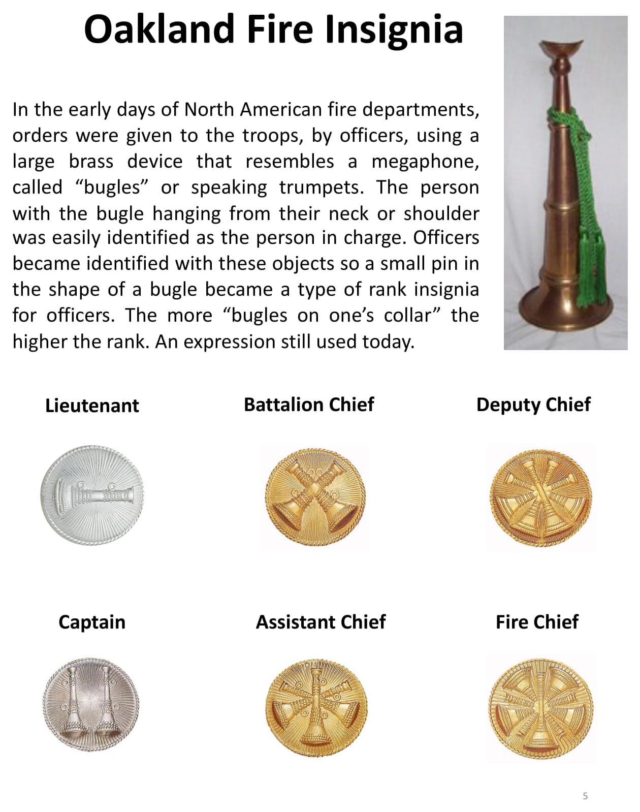 Oakland Fire insignia reference showing bugle symbolism and rank badges.